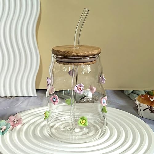 BestAlice Tasses en Verre avec Couvercles et Pailles, Verrerie Nervurée Vintage avec Nœuds ou Roses, Gobelet en Verre Rose avec Nœud Rose, Jolis Verres à Boire pour café glacé, - Nail Gallerys