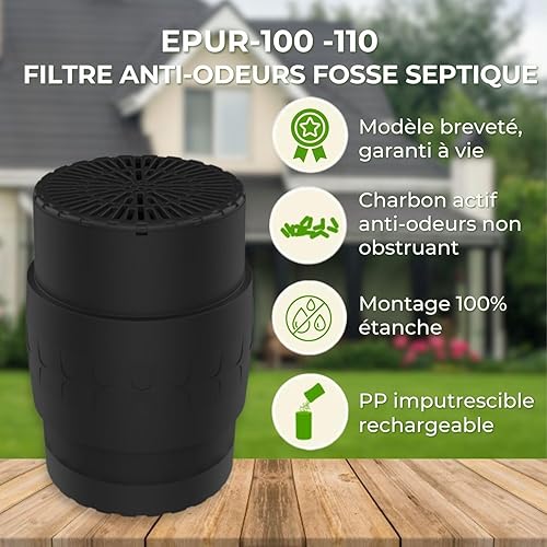 EPURACTIF - CARTOUCHE ANTI-ODEURS EPUR-100-110 AU CHARBON ACTIF POUR FOSSE SEPTIQUE - TOUTES EAUX - Ø 100-110MM (Noir) - Nail Gallerys
