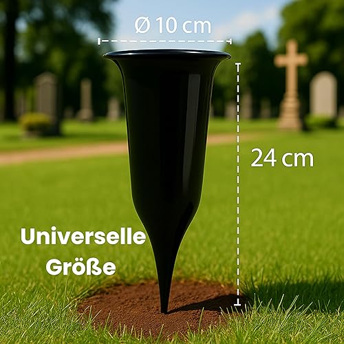 ELBKAISER Lot de 2 vases funéraires noirs avec piquet de terre - Vase de cimetière robuste pour la conception funéraire - Vase funéraire à planter avec socle et insert pour fleurs fraîches - Résistant - Nail Gallerys