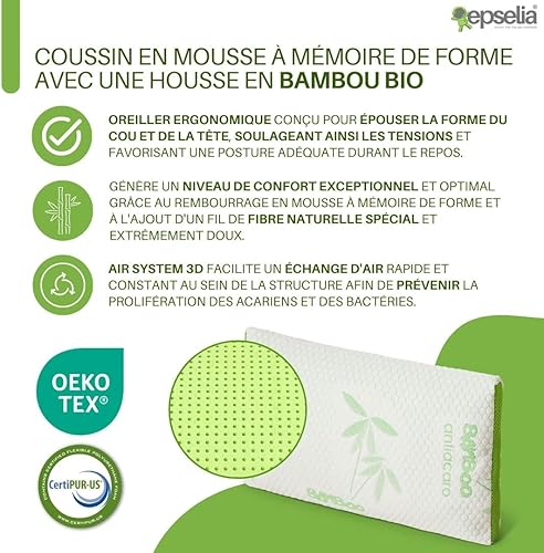 EPSELIA Coussin Oreiller pour Le Sommeil en Mousse à mémoire de Forme, revêtement en Bambou Bio, Plat et Bas, 70x40 cm, H6, avec Fond Respirant Air 3D, Amovible, CertiPUR™ Oeko-TEX® - Nail Gallerys