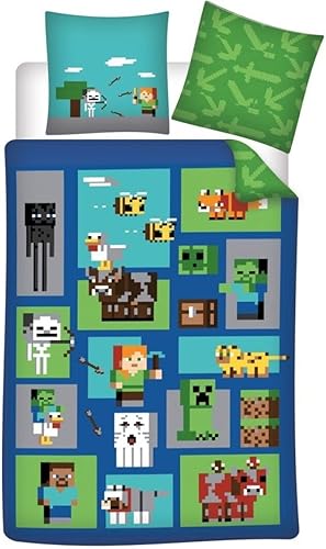 Parure de Lit Minecraft World 100% Coton, Housse de Couette 140x200 cm + Taie d'oreiller 65x65 cm - Nail Gallerys