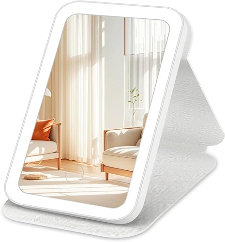 GlasFlength Miroir de Maquillage, Miroir LED avec 3 Couleurs Mirror Cosmétique LED de Table Écran Tactile USB Rechargeble Mirror Maquillage Pliable Portable pour Coiffeuse Voyage (Blanc) - Nail Gallerys