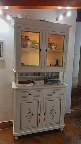 Mar.c.a. Design - Vitrine de salon élégant en bois de peuplier Shabby Chic, cristal couleur blanc décoré, avec 2 portes - Meuble de salon, Arte Povera Made in Italy - Mis. 104x43x218h - Nail Gallerys