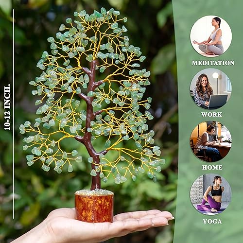 Zaicus Arbre de vie Feng Shui en pierre de jade verte,Arbre de vie Feng Shui,Fait à la main,Arbre de vie Bonsaï,Arbre d'argent en cristal,Décoration de table pour la maison,Fil doré,25.4 cm - Nail Gallerys