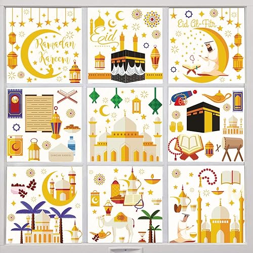 FullJoyHut Eid Mubarak Decoration, Autocollant de Fenêtre Eid Mubarak Stickers Ramadan Autocollants Fenêtre de Lanterne Étoile Lune Réutilisable pour Chambre d'Enfant Deco Eid Mubarak Ramadan Fête - Nail Gallerys