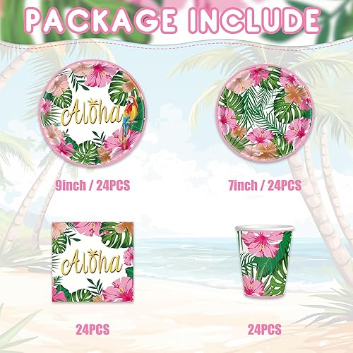 Lot de 96 pièces de vaisselle hawaïenne Aloha pour fête tropicale Luau - Décorations de feuilles de palmier - Assiettes en carton - Gobelets - Serviettes pour fête d'été sur la plage - 24 invités - Nail Gallerys