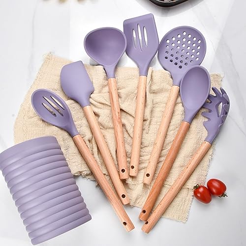 Justup Lot de 8 ustensiles de cuisine en silicone résistants à la chaleur avec porte-ustensiles, ustensiles de cuisine antiadhésifs avec cuillère, spatule, support (violet) - Nail Gallerys