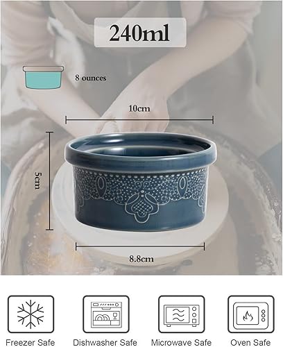 FUN ELEMENTS FE Lot de 6 ramequins en céramique pour crème brûlée Motif dentelle gaufrée Bleu 240 ml - Nail Gallerys