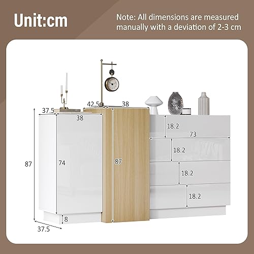 Physport Sideboard Blanc Brillant, Buffet de Salle à Manger Moderne avec Rangement, Armoire de Stockage Moderne Minimaliste Couleur Bois, 160 * 37 * 75 cm - Nail Gallerys