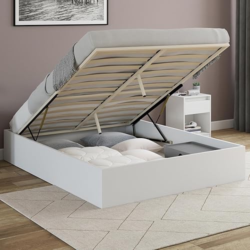 IDMarket - Lit Coffre Double SANDSIDE avec sommier 140 x 190 cm Blanc - Nail Gallerys