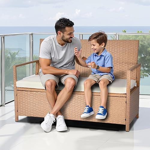 VEVOR Banc de Rangement Extérieur en Rotin Synthétique Coffre de Jardin 265 L, Banc de Terrasse avec Coussin, Capacité de Charge 120,2 kg, Siège d'Extérieur pour Patio, Jardin, Balcon, Cour, Porche - Nail Gallerys