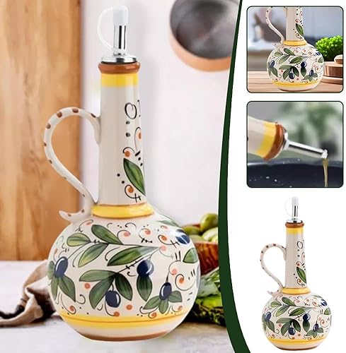 Distributeur d'huile d'olive en céramique, 25 oz, quantité d'huile d'olive décorative en faïence pour la cuisine avec bec en acier inoxydable, bouteille en céramique d'olive peinte à la main, pour - Nail Gallerys