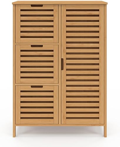 IDMarket - Meuble de rangement salle de bain bambou BEA 3 tiroirs avec placard - Nail Gallerys