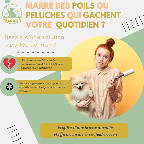 MeowlY® Brosse Anti Poils Animaux Chat Chien Ecologique, Réutilisable Que Rouleaux Adhésif Rouleau à Poil Ramasse Enlève Poils,Epilateur pour Arbre à Chat, Voiture Rasoir Anti-bouloche - Nail Gallerys