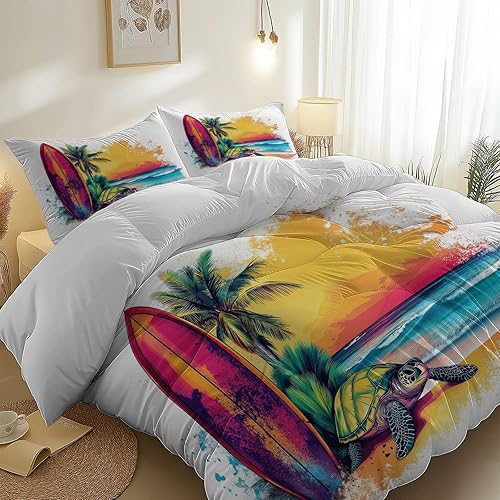 Couleur Duvet Cover with Zip thème, Plage Surf Dessin Animé Motif Reversible Brushed Microfibre Housse de Couette, 220 x 240 cm Bedding Set + 2 Pillowcase - Nail Gallerys