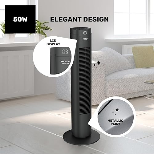 TAURUS BABEL II RCH - Ventilateur tour, 50W, hauteur 86cm, 4 vitesses, 3 modes de fonctionnement, minuterie 7.5h, oscillant, tactile, affichage digital, télécommande - Nail Gallerys