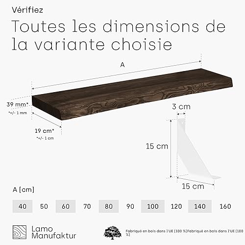 LAMO Manufaktur étagère Murale en Bois Massif, irrégulier, étagère de Rangement Vintage, Bois Naturel/équerre Noire 100cm, LW-01-A-002-100VS - Nail Gallerys