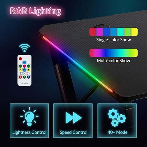 Todeco Bureau Gaming LED 140 x 60cm, Grande Bureau Gamer avec Plateau en Fibre de Carbone, Ergonomique avec Tapis de Souris, Porte-gobelet et Crochet pour Casque - Nail Gallerys