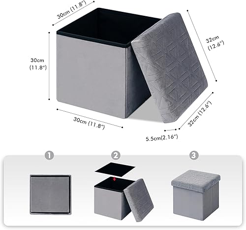 Bonlife Velours Petit Meuble de Rangement Jouet Enfant,Tabouret avec Espace de Rangement Repose Pied Bureau,Tabouret Pliant Pouf Cube 32x32x32cm,Gris - Nail Gallerys