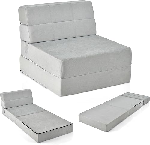 COSTWAY Matelas Lit Fauteuil Pliable, Futon Convertible en Mousse Haute Densité de 15 cm, Chauffeuse 1 Place avec Housse Amovible et Lavable, Clic Clac pour Salon, Invités, Voyage (Gris) - Nail Gallerys