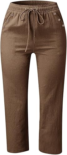2025 Pantalon 7/8 uni en lin mélangé pour femme Coupe ample Pantalon de loisirs avec poches Pantalon cargo pour femme - Nail Gallerys