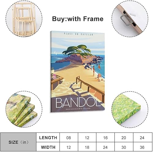 Poster de voyage vintage Provence Capelan Bandol Beach - Peinture décorative sur toile - Décoration murale moderne pour chambre à coucher - 40 x 60 cm - Nail Gallerys