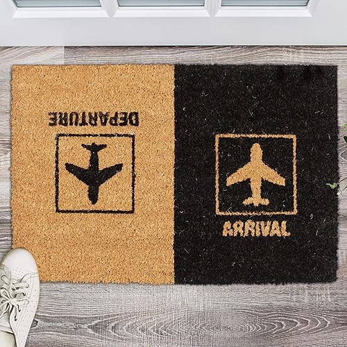 relaxdays Paillasson Fibre de Coco Arrival Departure, Tapis, Motif Avion, intérieur & extérieur, 40x60 cm, Nature/Noir - Nail Gallerys