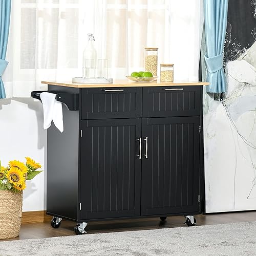 HOMCOM Isola Cuisine avec plan de travail en bois de caoutchouc, chariot de cuisine avec roues, 2 tiroirs, armoire, étagères réglables et porte sèches, en bois MDF, 104 x 46 x 91 cm, noir - Nail Gallerys