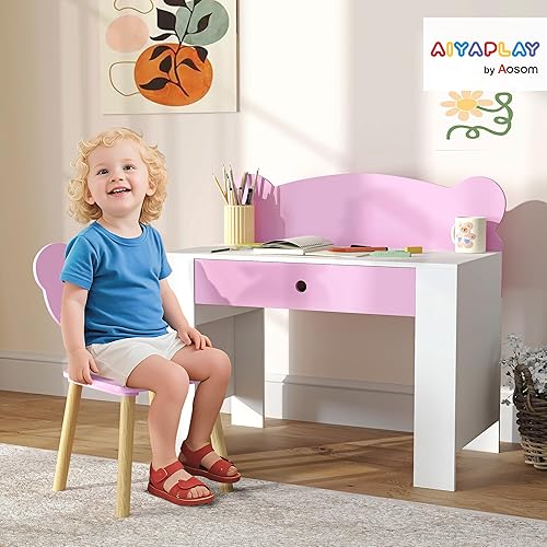 AIYAPLAY Bureau pour enfants avec chaise, table d'étude avec tiroir, dossier en forme d'ourson, 3-8 ans, rose - Nail Gallerys