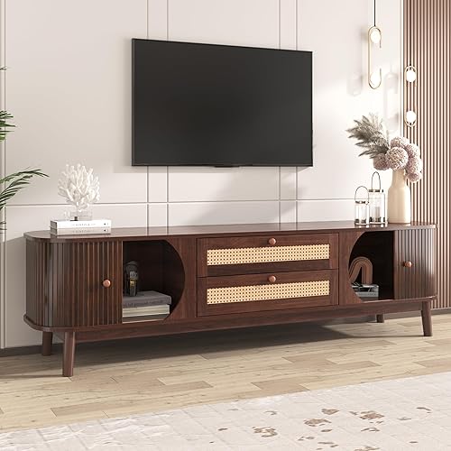 Meuble TV Bois Massif avec 2 Portes et 2 tiroirs - 170 L x 39,5 B x46 H(cm) - Meuble TV avec côtés en rotin, Meuble de Rangement - Nail Gallerys