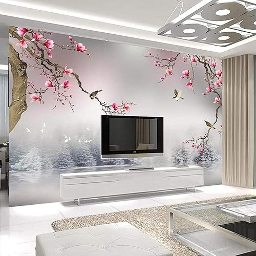 Msrahves papier peint 3d trompe l'oeil moderne Rose plantes fleurs oiseaux 300X210CM Décoration Murale XXL Poster Tableaux Muraux Photo Trompe l'oeil Panorama Effet Salon Appartement Photo d'art - Nail Gallerys