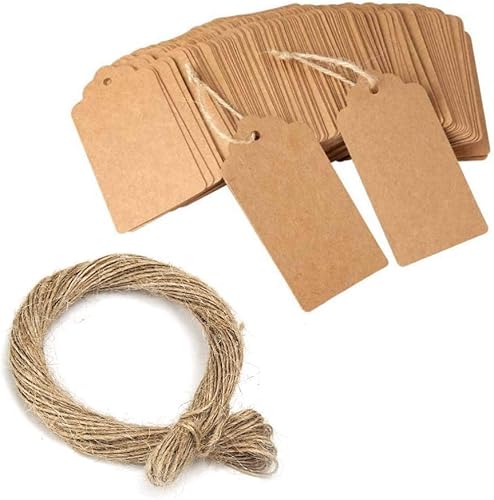 Keweni Lot de 100 étiquettes en papier kraft - étiquettes à suspendre avec 20 mètres de ficelle de jute naturelle pour cadeaux, mariage, Saint-Valentin - 3 x 5 cm - Nail Gallerys