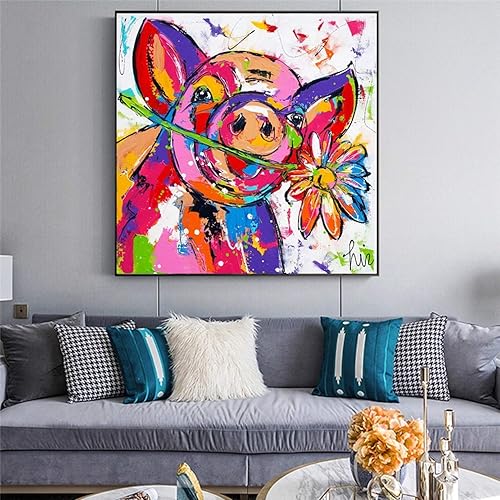 N/Ａ Impressions décoratives sur Toile Chambre de bébé coloré Cochon Animal Peinture à l'huile Mur Art Graffiti Affiches Impressions sur Toile Photo pour Enfants Chambre décor à la maison-60x60cm - Nail Gallerys