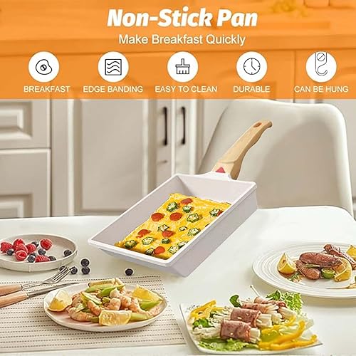 Yuragim Poêle Omelette Japonaise, Tamagoyaki Poêle Rectangulaire en Aluminium Antiadhésive, Poêle Carrée avec spatule en silicone pour Tous Types de Cuisinières,Beige - Nail Gallerys