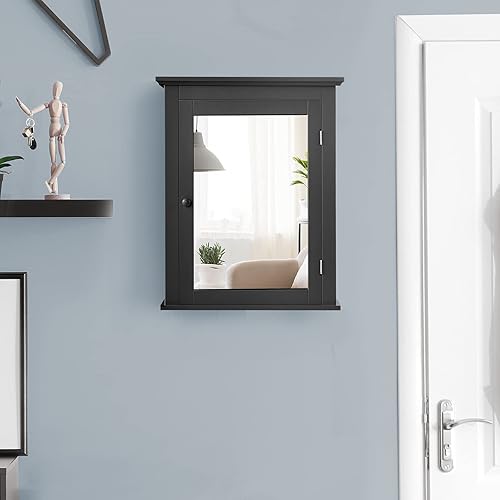 GOPLUS Armoire Murale de Salle de Bain avec Miroir, Armoire Suspendue, Pharmacie avec Porte et Couche Ajustable pour Salle de Bain, Cuisine, Entrée (56x15x69cm, Noir) - Nail Gallerys