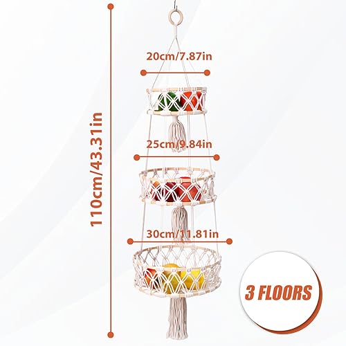 WIYETY Corbeille à fruits suspendue tressée à 3 étages - Panier à fruits suspendu tissé à la main - Panier mural tressé à la main - Panier mural bohème pour légumes et fruits - Nail Gallerys