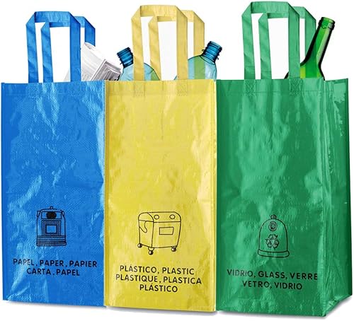 Poubelle tri 3 sacs réutilisables avec poignée, 1 lot de 3 sacs déchets pour tri sélectif papier, plastique, verre - Nail Gallerys