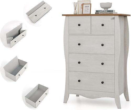 KOMFOTTEU Commode avec 5 Tiroirs de 2 Tailles, Armoire Chambre en Tissu & Bois, Meuble Rangement Dispositif Anti-basculement, pour Salon, Bureau, 67,5 x 38,5 x 97 cm (Gris) - Nail Gallerys
