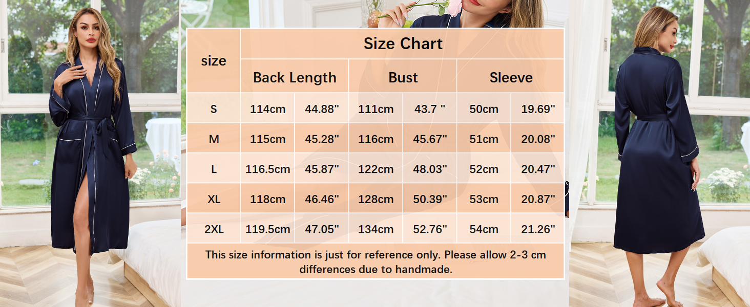 Plusieurs vues d'une robe bleu marine avec tableau des tailles indiquant les mesures. La robe est dotée de manches courtes et semble tomber au-dessus du genou.