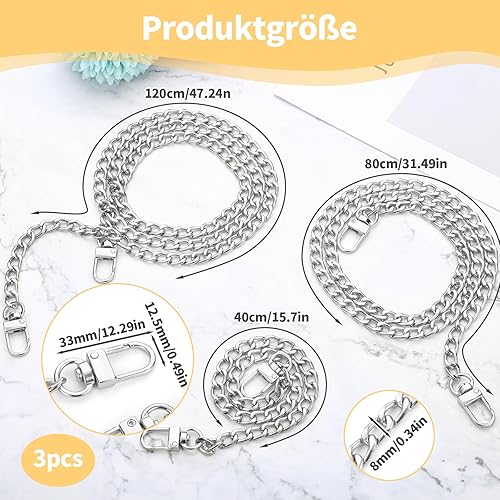 Lot de 3 chaînes pour sac - 40 cm/80 cm/120 cm - Chaîne de sac en argent - Sangle pour sac à bandoulière - Argenté - Bandoulière pour sacs - Chaîne de téléphone portable argentée - Sac à main - Nail Gallerys