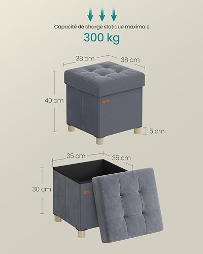 SONGMICS Tabouret de Rangement, Cube Pliable, 38 x 38 x 40 cm, Pouf, Repose-Pieds, 37 L, Surface en Velours, pour Chambre, Salon, Dortoir, Gris Ardoise LSF0516G01 - Nail Gallerys
