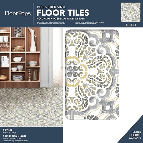 FloorPops FP2947 Antico Carreaux de sol à décoller et à coller, multicolore, 30,5 x 30,5 cm - Nail Gallerys