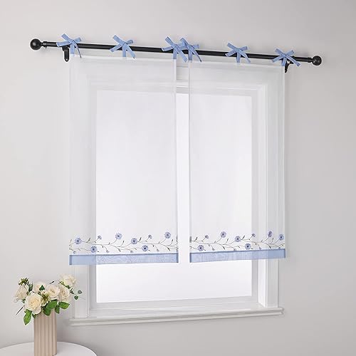 Joyswahl Rideau brise-bise en voile de style maison de campagne « camomille » - Transparent - Court - Pour cuisine, bistrot, cuisine - Blanc - H x l : 120 x 80 cm - 1 pièce - Nail Gallerys