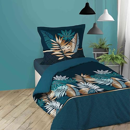 Douceur D'intérieur - Parure de lit Alianor 240x220 cm - Bleu - Tropical - 42 Fils/cm² - Base Droite - Nail Gallerys