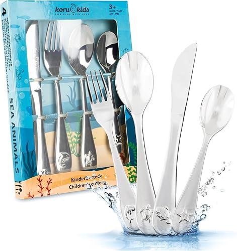Koru Kids® Couverts en inox pour enfants - 4 pièces - lavable au lave-vaisselle - Cadeau d'anniversaire et de baptême - Nail Gallerys