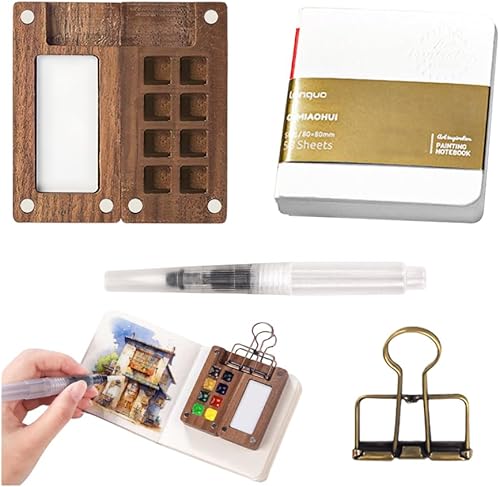 YZROHYI Mini Kit Aquarelle Voyage,Mini Palette Aquarelle Portable,Kit de Peinture avec Journal Papier Aquarelle,Palette de Carnet de Croquis en Bois,Boîte de Plateau de Peinture de Voyage pour DIY - Nail Gallerys