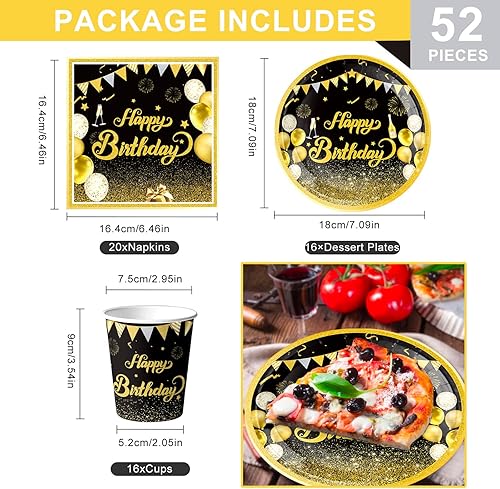 Bikasun Vaisselle Anniversaire Noir et Or pour 16 invités, Assiettes en carton avec assiettes, tasses, serviettes, Pour décoration d'anniversaire pour garçons et filles - Nail Gallerys