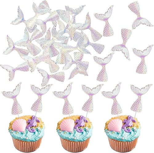 Ephlyn Lot de 24 figurines queue de sirène en acrylique – Décorations de cupcakes, mini emballages et décorations de gâteaux pour fête sirène et fête prénatale – Bleu et rose - Nail Gallerys