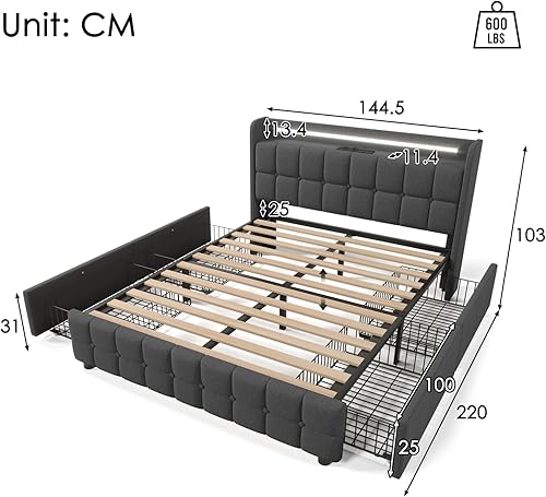 KeepGoon Lit double 140 x 200 cm, avec espace de rangement, éclairage LED et 4 tiroirs, rembourré, avec espace de rangement, fonction de charge USB, tête de lit, sommier à lattes en bois (beige) - Nail Gallerys