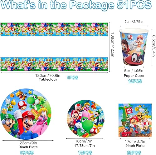 Ensemble de vaisselle de fête Super Bro 51 pièces avec assiettes en carton, gobelets et serviettes, nappe, fournitures de fête pour enfants, garçons et filles, 10 invités - Nail Gallerys